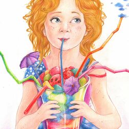 Illustration - Mädchen trinkt mit einem Strohhalm aus einem großen Glas mit Früchten und bunten Flüssigkeiten