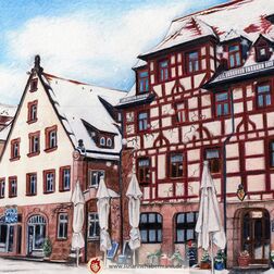 "Fürth Grüner Markt" - Fachwerkgebäude, mit Schnee bedeckt -  Zeichnung Buntstift auf Papier - A5 - 250 €
