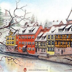 "Stein Wassergasse" - Flusslauf mit Fachwerkhäusern am rechten Ufer, Geranien im Vordergrund - Zeichnung Buntstift auf Papier - A4 - 250 €