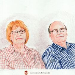 Familienporträt - älteres Ehepaar, sich aus den Augenwinkeln ansehend - Zeichnung Buntstift auf Papier - Porträts zeichnen lassen