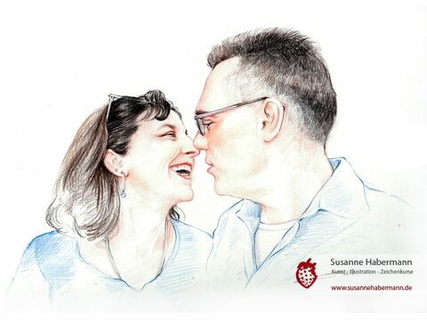 Pärchenporträt - Paar im mittleren Alter kurz vor einem Kuss - Zeichnung Buntstift auf Papier - Porträts zeichnen lassen