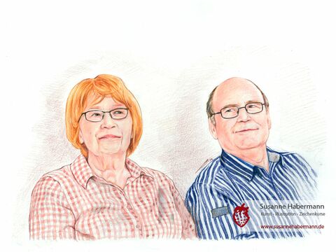 Familienporträt - älteres Ehepaar, sich aus den Augenwinkeln ansehend - Zeichnung Buntstift auf Papier - Porträts zeichnen lassen