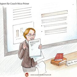 Illustration psychologischer Typen für Coach Nico Pirner - Präsentationstypen - Die Dozentin-  Frau mit strenger Frisur versteckt sich hinter ihrem Manuskript