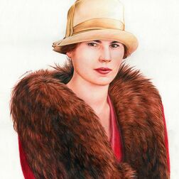 Porträt -  junge Frau im Stil der 20er Jahre mit Hut und Pelzkragen - Zeichnung Buntstift auf Papier - Colorierung einer alten Fotografie