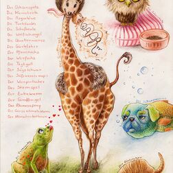 Illustration zu Christian Morgenstern "Neue Bindungen der Natur vorgeschlagen" - Der Garaffenigel Giraffe mit Igelkopf und weitere erfundene Tiere