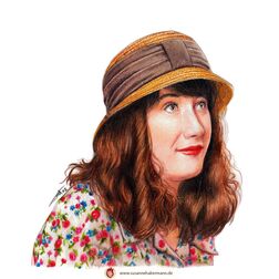 Porträt -  Junge Frau seitlich mit Hut und Blumenkleid - Zeichnung Buntstift auf Papier - fotorealistischer Stil - A4