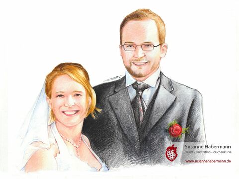 Hochzeitsportrait - Brautpaar -  Zeichnung Buntstift auf Papier A4