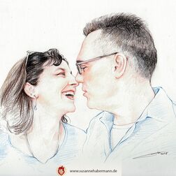 Pärchenporträt - Paar im mittleren Alter kurz vor einem Kuss - Zeichnung Buntstift auf Papier - Porträts zeichnen lassen