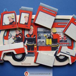 Kinderpuzzle in Form eines Feuerwehr-Autos, einige Teile sind herausgenommen - Illustration für Eichhorn