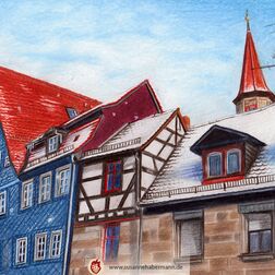 "Fürth Gustavstraße" - alte Fachwerkhäuser in Fürth - Zeichnung Buntstift auf Papier - A5 - 200 €