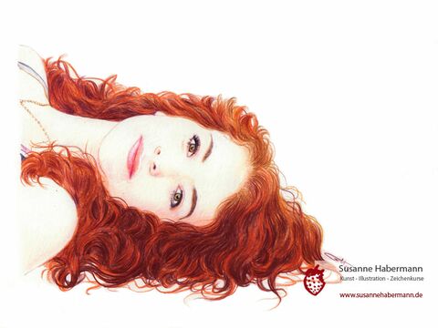 Porträt - Gesicht von junger rothaariger Frau, liegend - Zeichnung Buntstift auf Papier - Porträts zeichnen lassen