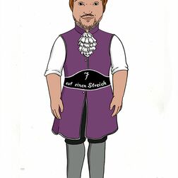 Illustration für Theaterstück "Das tapfere Schneiderlein" - Das Schneiderlein - Junge in lila Gewand mit "7 auf einen Streich" auf dem Gürtel