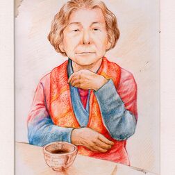 Ältere Dame beim Kaffeetrinken - Buntstift auf Papier - Kaffeefleck
