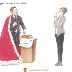 Illustration psychologischer Typen - Mitarbeiter - Managertyp im Anzug, verkleidet als König - Frau im Kostüm, den Zeigefinger erhoben