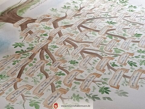 Stammbaum in Form eines Baumes  - Buntstift, Aquarell und Tusche auf Büttenpapier - Stammbaum malen lassen