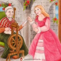 Illustration für ein Würfelpuzzle für Eichhorn - Dornröschen sticht sich an der Spindel