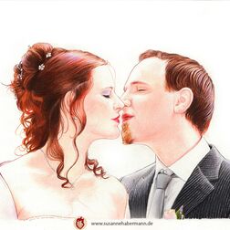 Hochzeitsportrait - Hochzeitspaar kurz vor dem Kuss - Zeichnung Buntstift auf Papier - A4