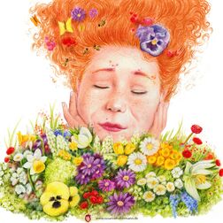 junge Frau mit roten Haaren, vor ihr eine bunte Blumenwiese