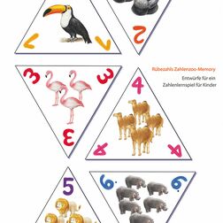 Illustration für Kinderspiel - Dreiecke mit Zahlen, Zahlen sind mit Tieren dargestellt