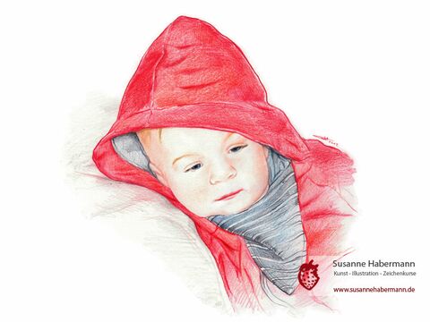 Portrait -  Kleiner junge mit roter Kapuze - Zeichnung Buntstift auf Papier - Porträts zeichnen lassen
