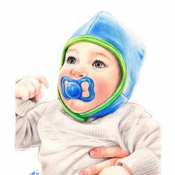 Porträt -  Baby mit Schnuller - Zeichnung Buntstift auf Papier - fotorealistischer Stil - A4
