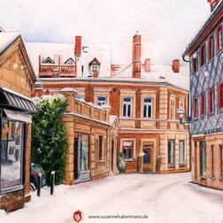 "Fürth Waaggasse" - alte Häuser, verschneit -  Zeichnung Buntstift auf Papier - A5 - verkauft