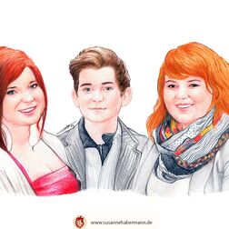 Familienporträt - drei Geschwister im Teenageralter - Zeichnung Buntstift auf Papier - Porträts zeichnen lassen