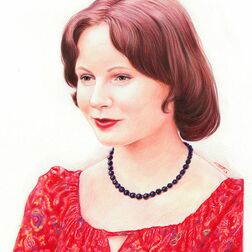 Porträt  -  Frau im rotem Kleid mit schwarzer Perlenkette - Zeichnung Buntstift auf Papier - fotorealistischer Stil - A4