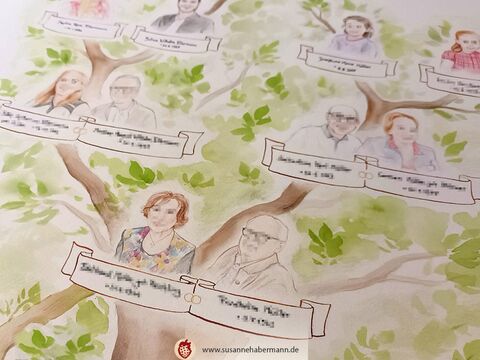 Stammbaum in Form eines Baumes mit Portraits - Buntstift, Aquarell und Tusche auf Büttenpapier - Stammbaum malen lassen