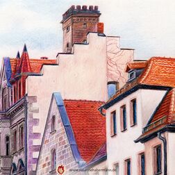 "Fürth Rathaus" - Dächer des Fürther Rathauses -  Zeichnung Buntstift auf Papier - A5 - 200 €