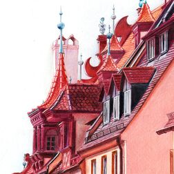 "Fembohaus" -  Dächer des Museums Fembohaus Nürnberg, Statuen, Giebel - Zeichnung Buntstift auf Papier - A5 - im Besitz der Grafiksammlung der Stadt Nürnberg