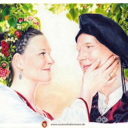 Hochzeitsportrait_1_fotorealistische Buntstiftzeichnung_A4_Paar im mittelalterlichen Gewand, Braut mit Blumenkranz