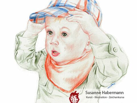 Porträt - kleiner Junge mit bunter Kappe - Zeichnung Buntstift auf Papier - Portraits zeichnen lassen
