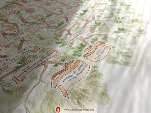 Stammbaum in Form eines Baumes - Aquarell und Tusche auf Büttenpapier - Stammbaum malen lassen
