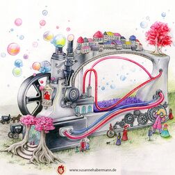 Eine Fanastie-Maschine in Form einer alten Nähmaschine, die Seifenblasen produziert.
