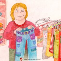 Illustration für Kinderbuch - Mädchen hält schicke Hose in der Hand - im Hintergrund ein Kleidungsgeschäft