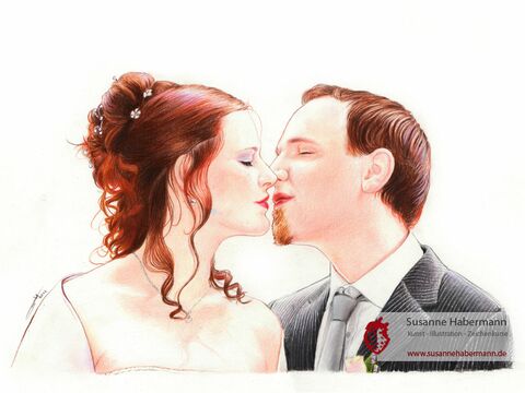 Hochzeitsportrait - Hochzeitspaar kurz vor dem Kuss - Zeichnung Buntstift auf Papier - A4