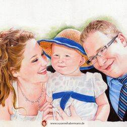 Hochzeitsportrait - Brautpaar mit Baby in der Mitte -  fotorealistische Zeichnung A4