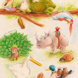 Illustration zu Christian Morgenstern "Neue Bindungen der Natur vorgeschlagen" - Der Ochsenspatz (Spatz mit Krötenkörper) und weitere erfundene Tiere