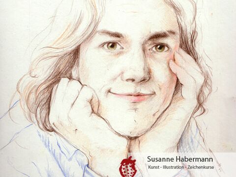 Porträt - junger Mann mit langen Haaren, den Kopf in die Hände gestützt - Zeichnung Buntstift auf Papier - Portraits zeichnen lassen