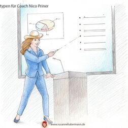 Illustration psychologischer Typen für Coach Nico Pirner - Präsentationstypen - Der Power-Pointer-  Frau im Hosenanzug und mit Cowboy-Hut fuchtelt mit Power-Pointer