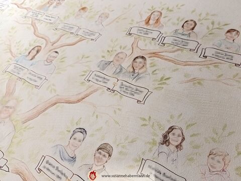 Stammbaum in Form eines Baumes mit Portraits - Buntstift und Tusche auf Büttenpapier - Stammbaum malen lassen