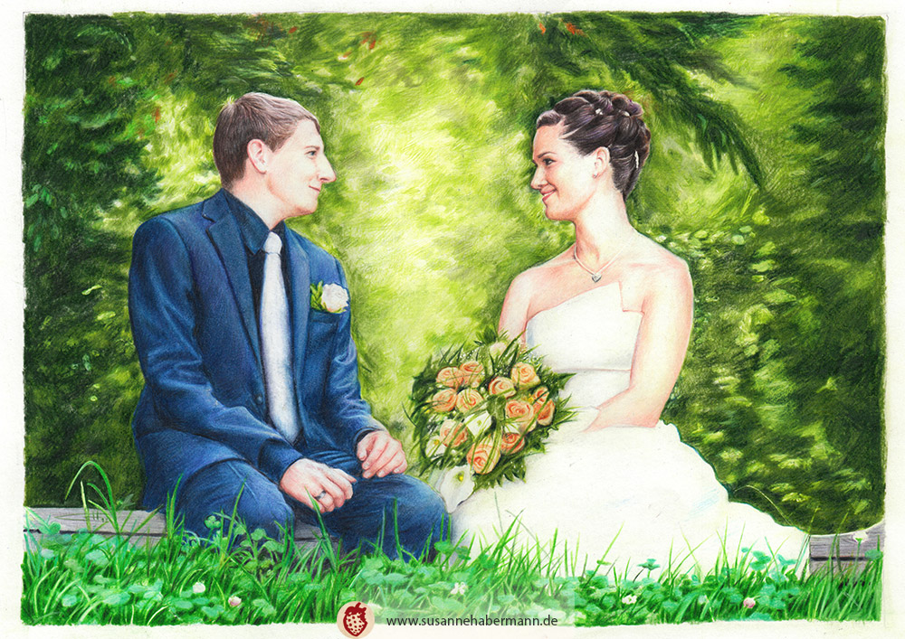 Hochzeitsportrait - Hochzeitspaar im Grünen -  fotorealistische Buntstiftzeichnung A4 Auftragsarbeit