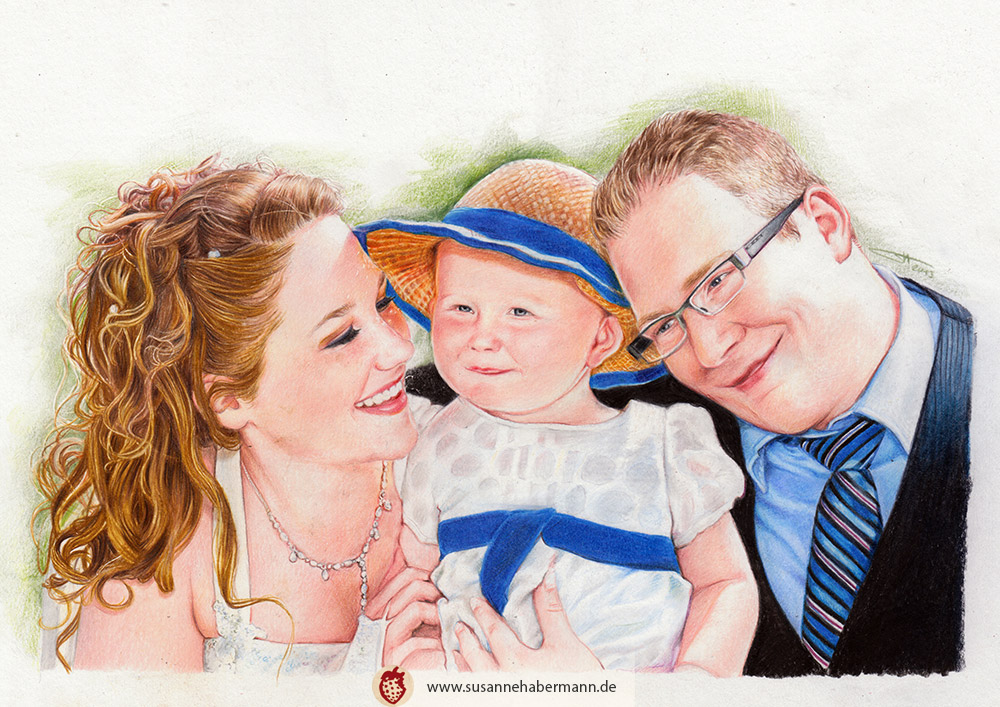 Hochzeitsportrait - Brautpaar mit Baby in der Mitte -  fotorealistische Zeichnung A4