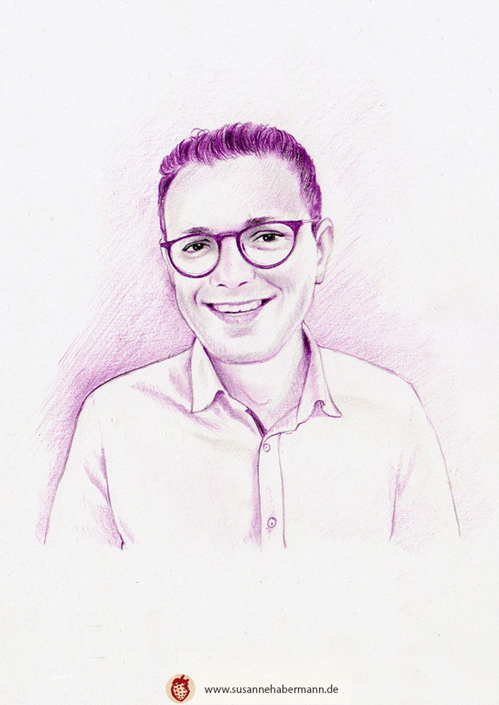 gezeichnetes Businessportrait für Danquinsa GmBH - junger Mann mit Brille - in den Farben schwarz und lila gehalten