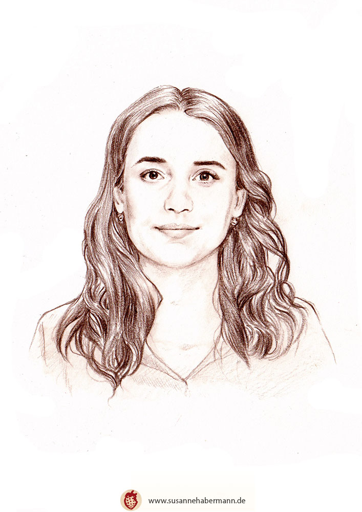 gezeichnetes Businessportrait für Kleecenter Nürnberg - junge Frau mit langen Haaren