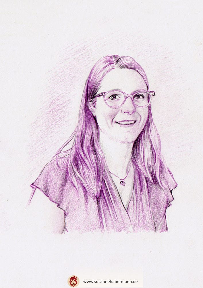 gezeichnetes Businessportrait für Danquinsa GmBH - Frau mit Brille - in den Farben schwarz und lila gehalten