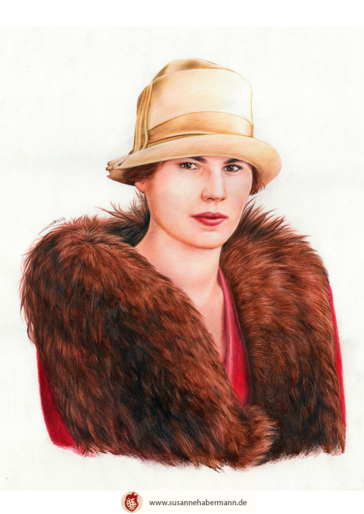Porträt -  junge Frau im Stil der 20er Jahre mit Hut und Pelzkragen - Zeichnung Buntstift auf Papier - Colorierung einer alten Fotografie