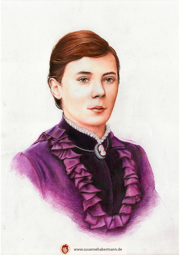 Porträt -  Junge Frau im Stil des 19. Jahrhunderts im mauvefarbenen Kleid - Zeichnung Buntstift auf Papier - Colorierung einer alten Fotografie