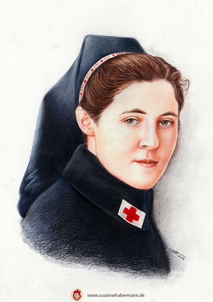 Porträt -  Junge Krankenschwester aus dem 1. Weltkrieg - Zeichnung Buntstift auf Papier - fotorealistischer Stil - A4
